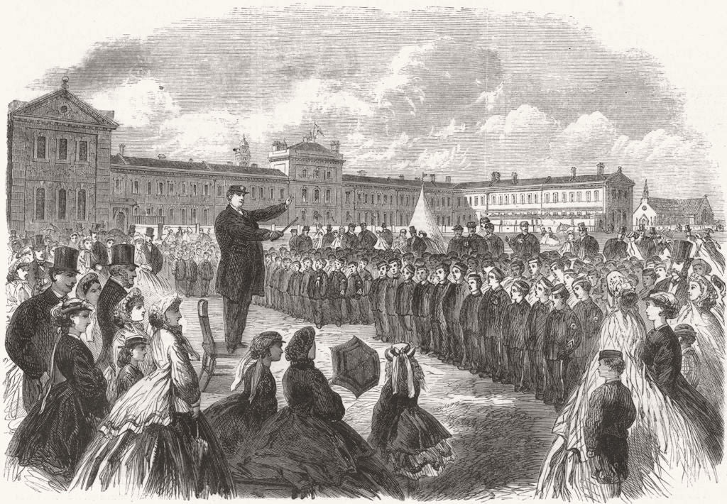 MIDDX. Inspection, Industrial School, Feltham 1865 old antique print picture